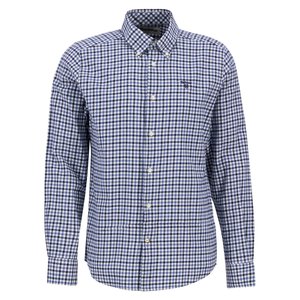 Kuvassa on klassinen, sinivalkoruudullinen miesten kauluspaita jossa on valkoiset napit ja rinnassa pieni Barbour logo.