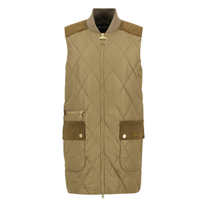 Tässä midimittaisessa vaaleanbeigessä tikkiliivissä on vaaleanruskeaa vakosamettia olkapäillä sekä etutaskujen läpissä. Metalliset yksityiskohdat ovat kullanväriset.