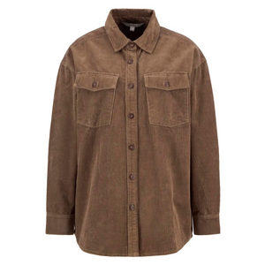 Kuvassa on naisten ruskea Barbour Yasmin vakosamettipaita jossa on edessä kaksi rintataskua ja nappikiinnitys.