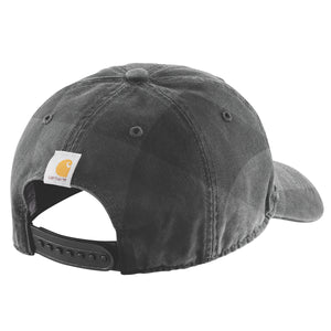Takaapäin kuvattuna Carhartt Flannel Cap lippis jossa on takana kiristys mahdollisuus. Lippiksen takana on Carhartt logo.
