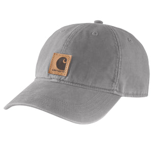 Kuvassa on harmaa Carhartt Odessa Cap lippis jossa on edessä ruskea Carhartt logo.