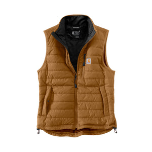 Kuvassa on Carhartt Rain Defender LW Insulated Vest liivi joka on ruskea. Liivissä on vyötäröllä taskut sekä rinnassa vetoketjulla suljettava tasku.
