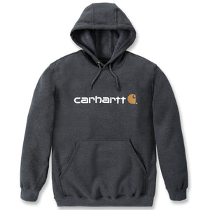 Hupparin rintaan on painettu valkoisella teksti Carhartt ja oranssinruskea Carhartt -logo.
