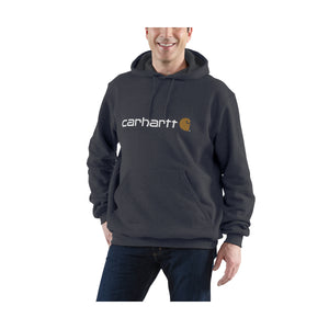 Kuvassa miehen päällä on tummanharmaa huppari jossa on rinnassa Carhartt -teksti ja -logo.