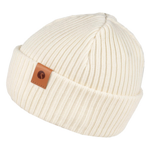 Kuvassa on valkoinen Salon Lakkitehtaan merinovillapipo jossa on ruskea logomerkki sivussa.