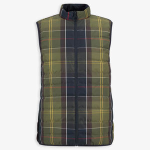 Käännettävän liivin toisella puolella on vihreäsävyinen ruutukuosi ja toinen puoli on yksivärinen tummansininen.