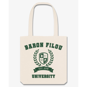 Kuvassa on puuvillainen Baron Filou Tote Bag jonka takapuolella on Filoun vihreä printtilogo.