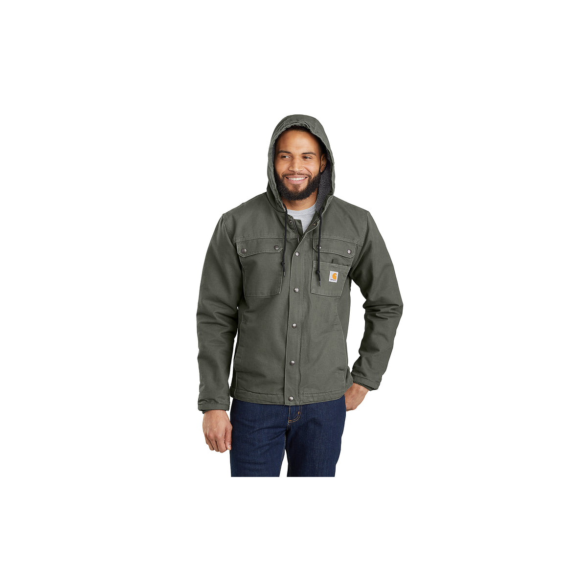 Vihreä Carhartt Bartlett Jacket mallin päällä kuvattuna.