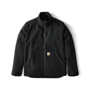 Musta Carharttin miesten softshelltakki, jossa täyspitkä vetoketju ja isot etutaskut.