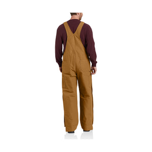 Mallin päällä takaapäin kuvattuna miesten Carhartt Insulated Bib talvilappuhaalarit.
