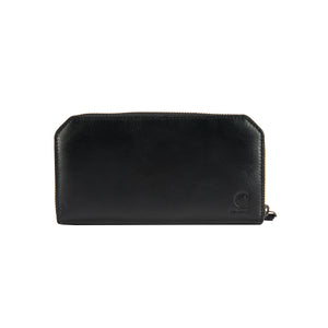 Carhartt Leather Clutch naisten musra nahkalompakko, jossa on kohokuvioitu logo.
