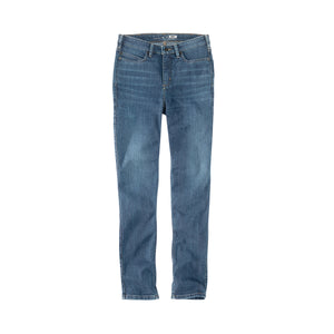 Kuvassa on naisten siniset slim fit farkut edestä päin kuvattuna.