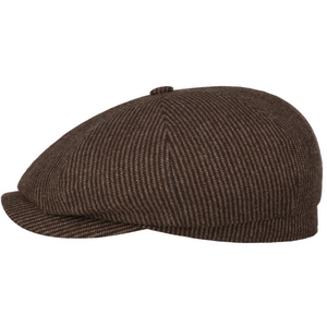 Stetson Hatteras Stripes Virgin Wool ruskea raidallinen villalakki sivulta, lyhyt lippa ja päälaen nappi.
