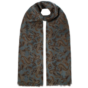 Stetson Scarf Wool Marbled sinivihreä villahuivi edestä, ruskea paisley-kuviointi ja lyhyet hapsupäät.