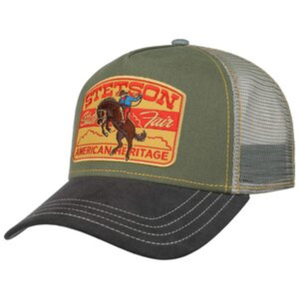 Stetson Trucker Cap State Fair, oliivi,tummansininenn ja harmaa. edestä kuvattuna.