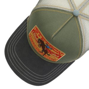 Stetson Trucker Cap State Fair, oliivi,tummansininenn ja harmaa, ylhäältä kuvattuna.
