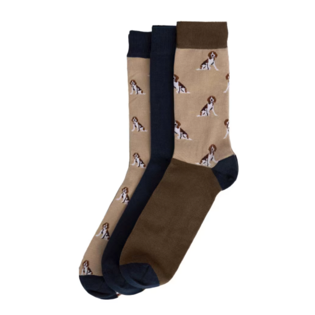 Kuvassa on kolmen sukkaparin setti joista kahdessa on koristeena beaglen kuvia ja yksi pari on yksivärinen.