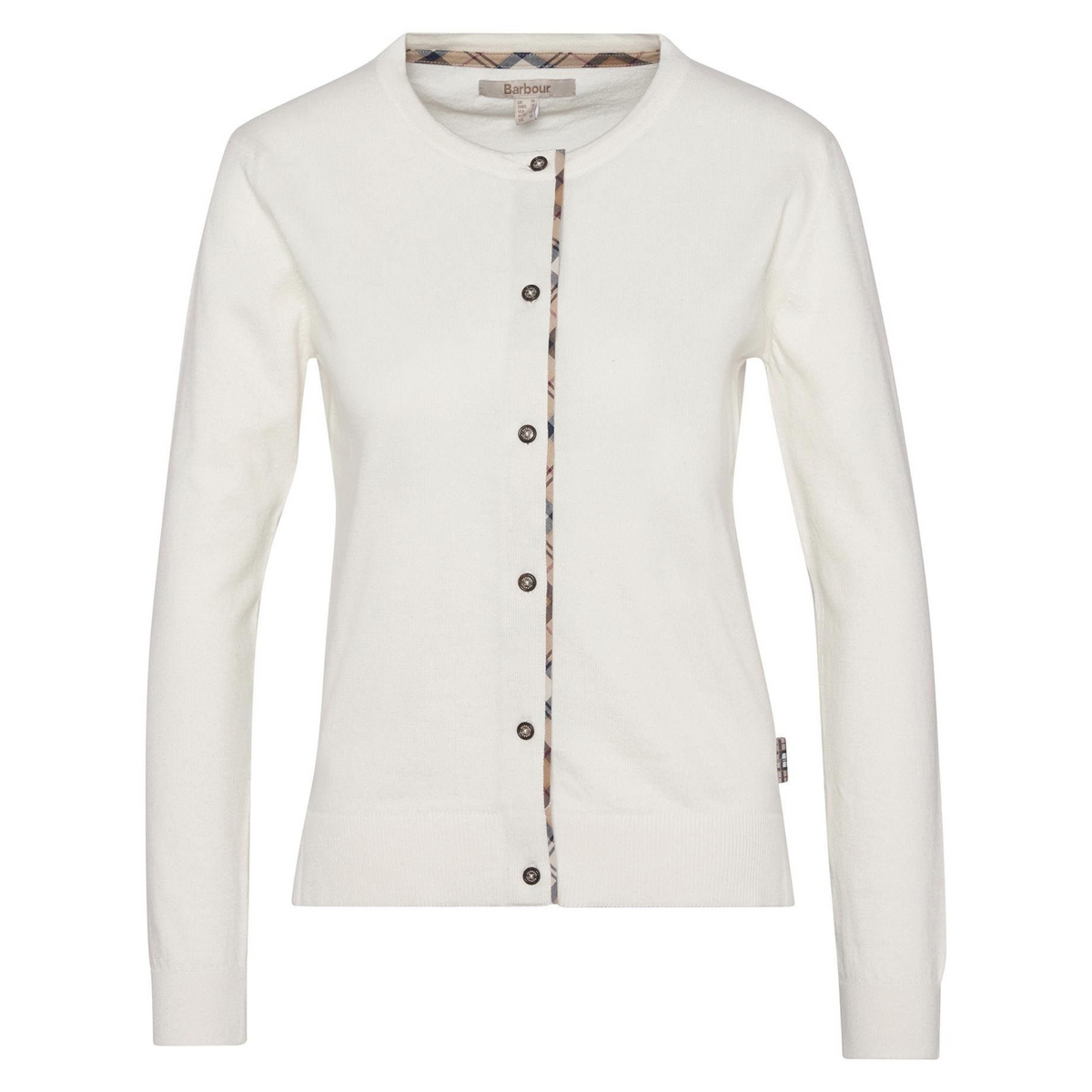 Kuvassa oleva Barbour Bredon on klassinen naisten neuletakki jossa on nappilistassa sekä kyynärpaikoissa somisteena klassista tartan-kangasta.