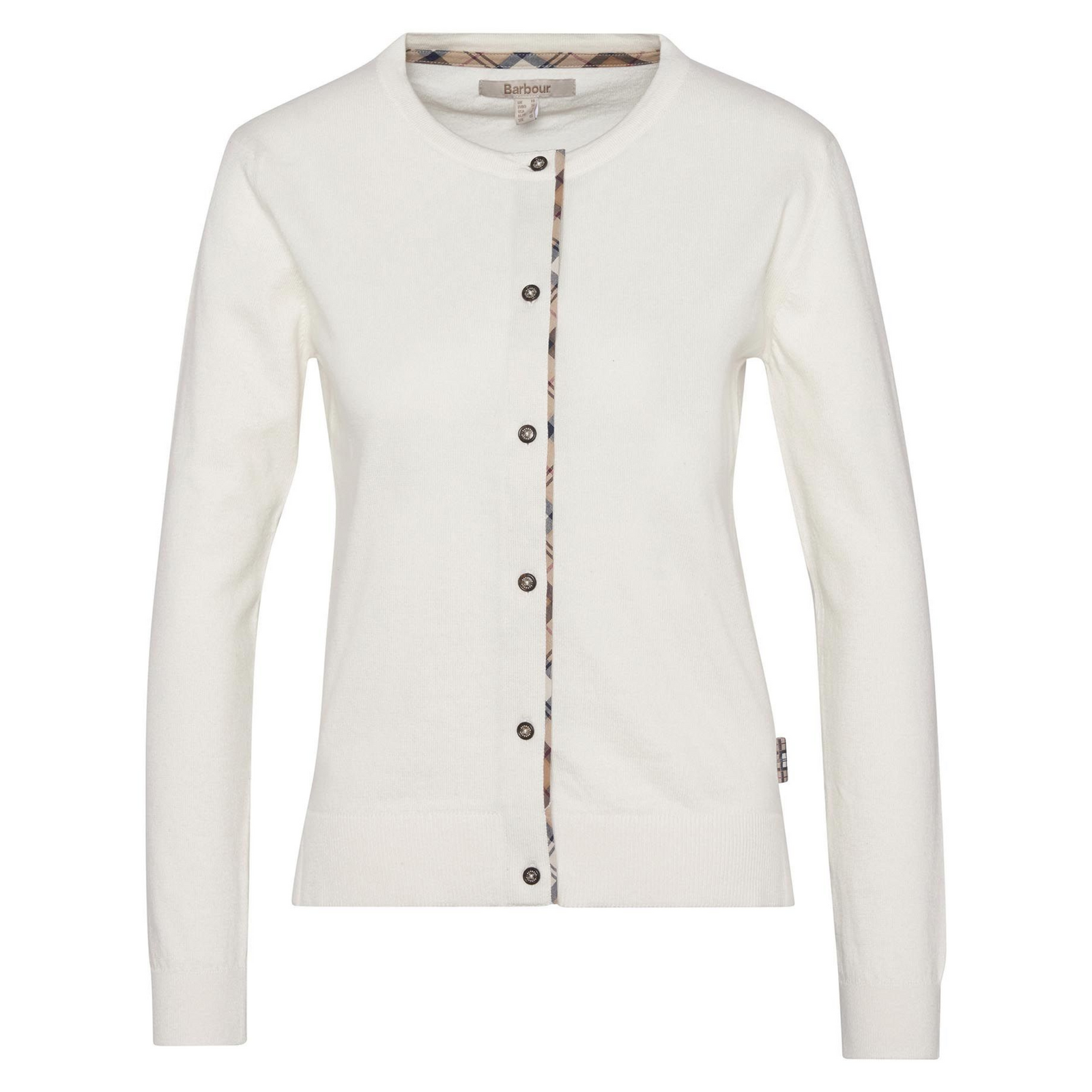 Kuvassa oleva Barbour Bredon on klassinen naisten neuletakki jossa on nappilistassa sekä kyynärpaikoissa somisteena klassista tartan-kangasta.