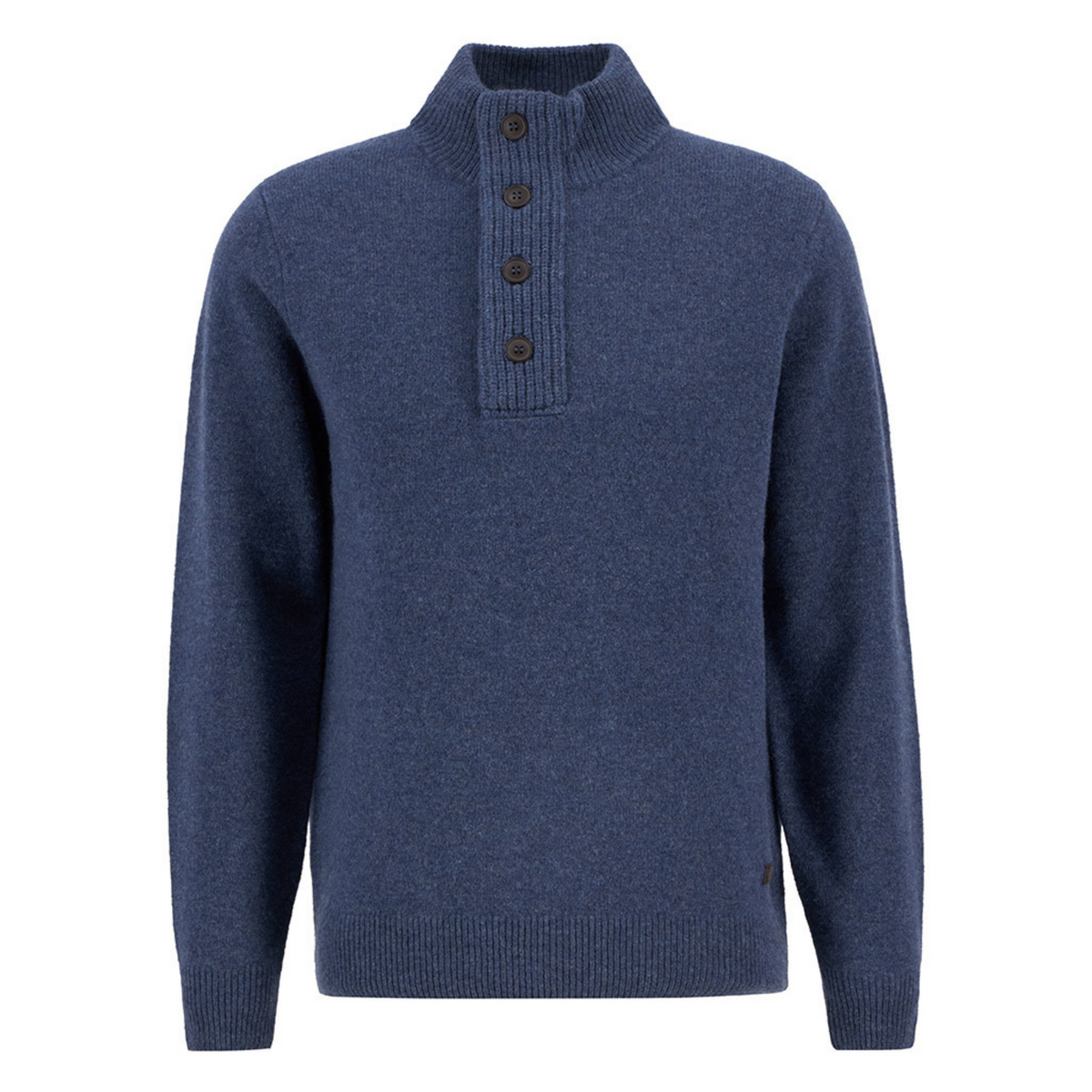 Merinovillaneuleessa on korkea kaulus jossa on vetoketjukiinnitys sekä koristenapitus.