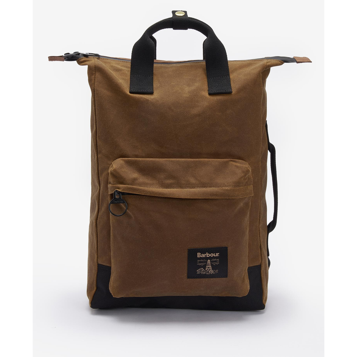 Kuvassa näkyy öljykangasrepun edessä oleva erillinen vetoketjutasku jossa on kankainen Barbour -logomerkki.