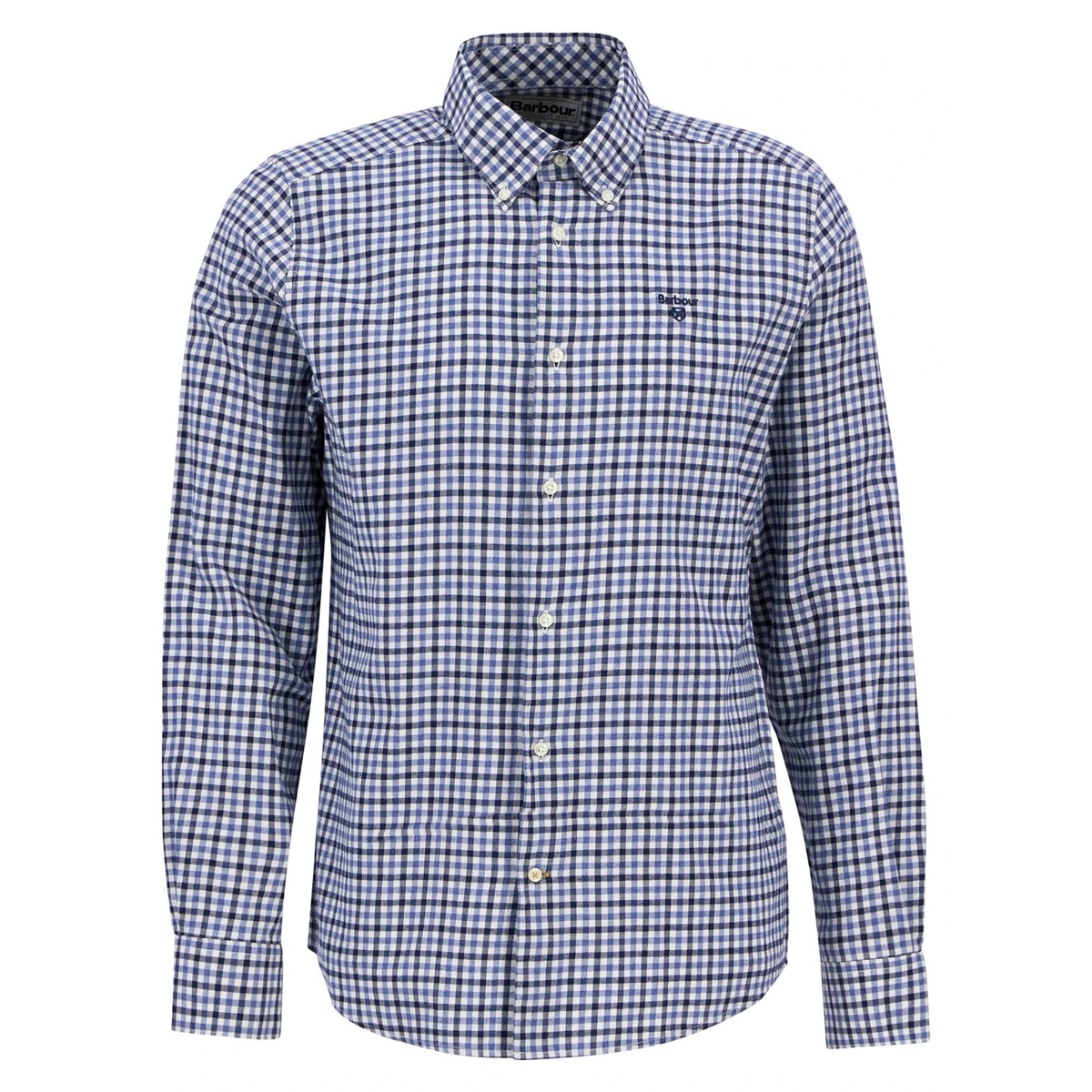 Kuvassa on klassinen, sinivalkoruudullinen miesten kauluspaita jossa on valkoiset napit ja rinnassa pieni Barbour logo.