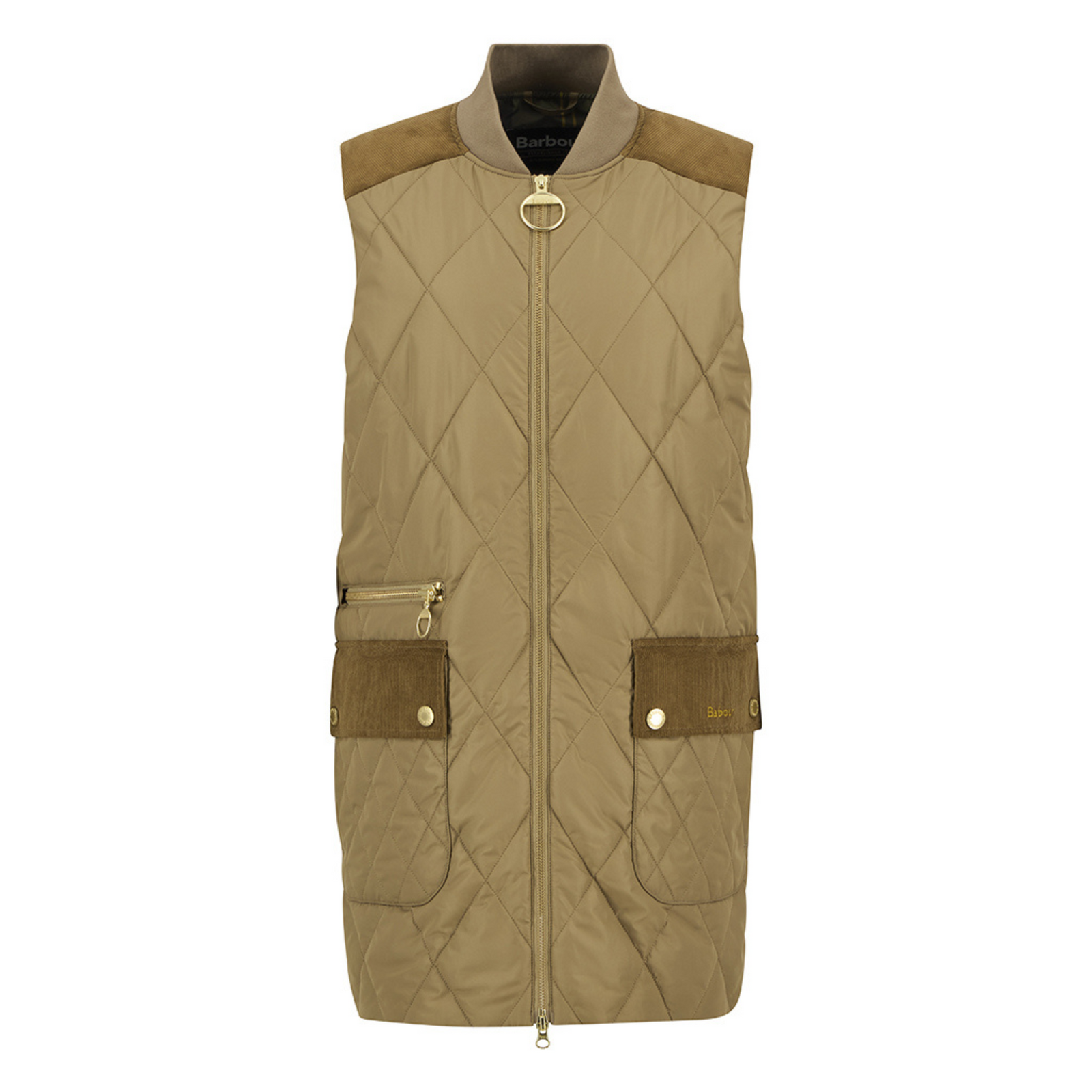 Tässä midimittaisessa vaaleanbeigessä tikkiliivissä on vaaleanruskeaa vakosamettia olkapäillä sekä etutaskujen läpissä. Metalliset yksityiskohdat ovat kullanväriset.