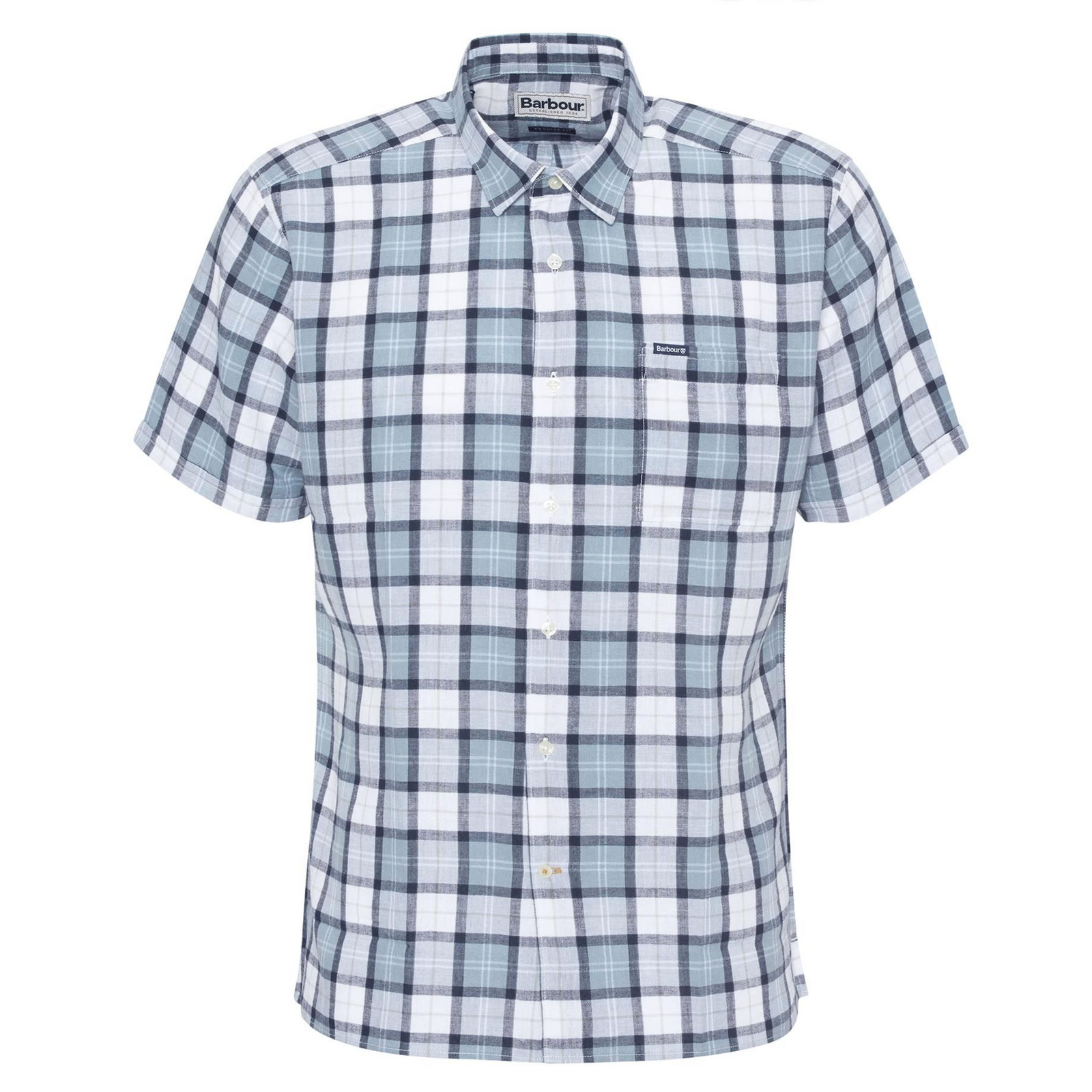 Kuvassa on Barbourin Midfield lyhythihainen kauluspaita jossa on klassinen tartan-kuosi sinivihreässä sävyssä.
