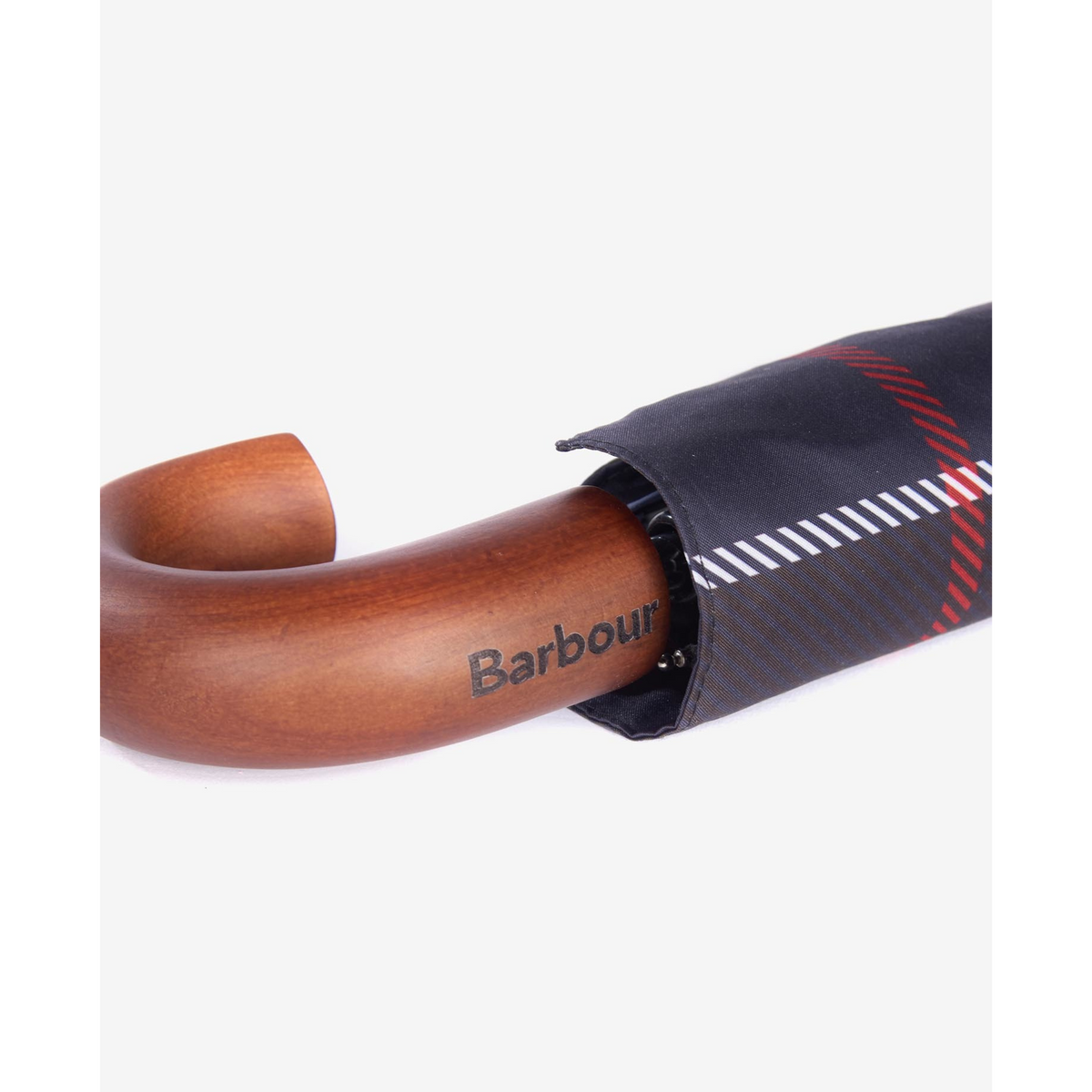 Sateenvarjon kahvassa on Barbour logoteksti ja varjo-osa on perinteistä sinivihreää tartan-ruutukuosia.