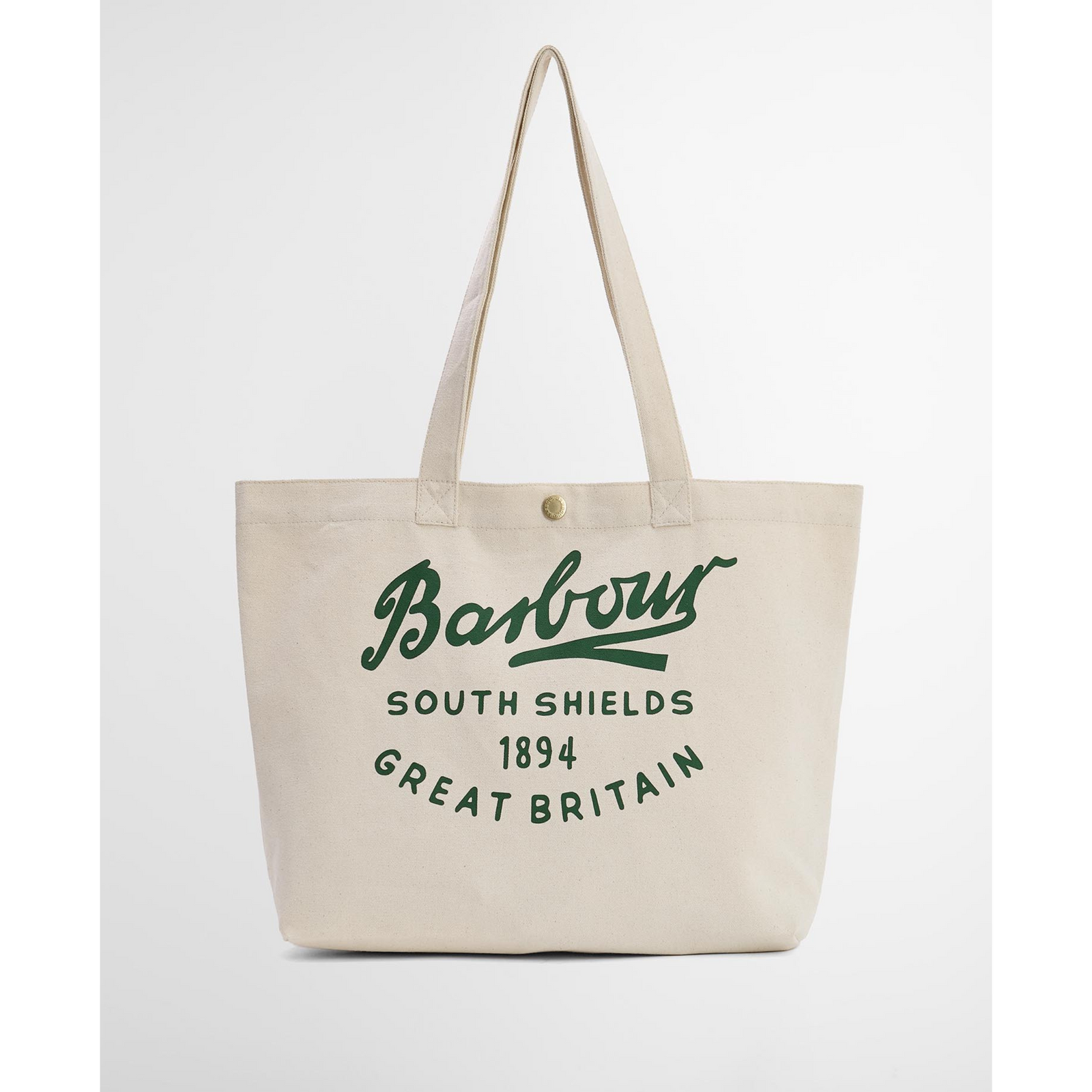 Kassissa on suuri, vihreä Barbour -aiheinen painatus ja se on valmistettu luonnonvalkoisesta puuvillakankaasta.