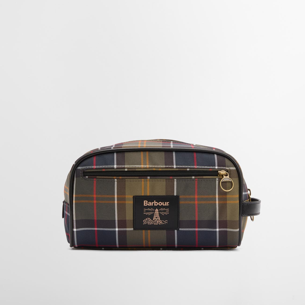 Toilettilaukun toisessa sivussa on Barbourin logomerkki ja ulkopuolinen vetoketjutasku.