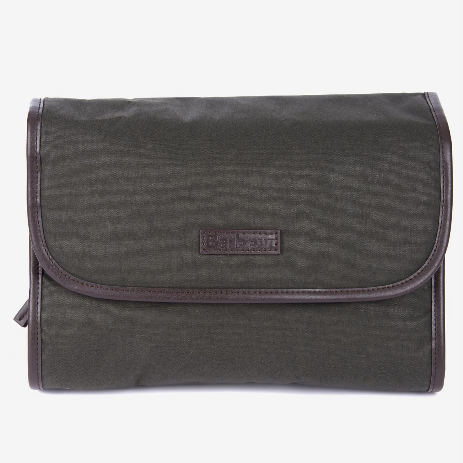 Barbourin oliivinvärinen kosmetiikkalaukku.