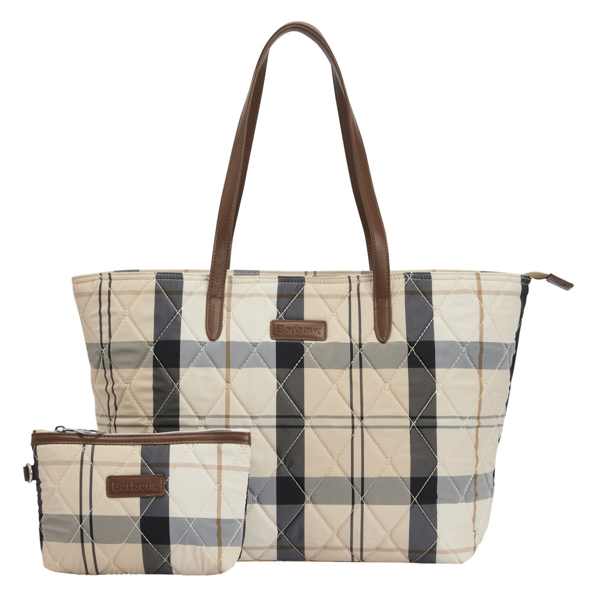Kuvassa on tartan-kuvioinen Barbour Wetherham -laukku sekä siihen kuuluva pikkulaukku.