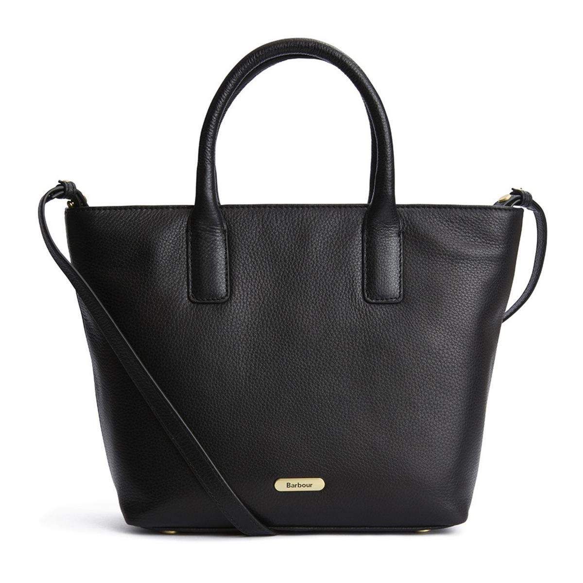 Kuvassa on musta Barbourin Tote -mallinen nahkalaukku.