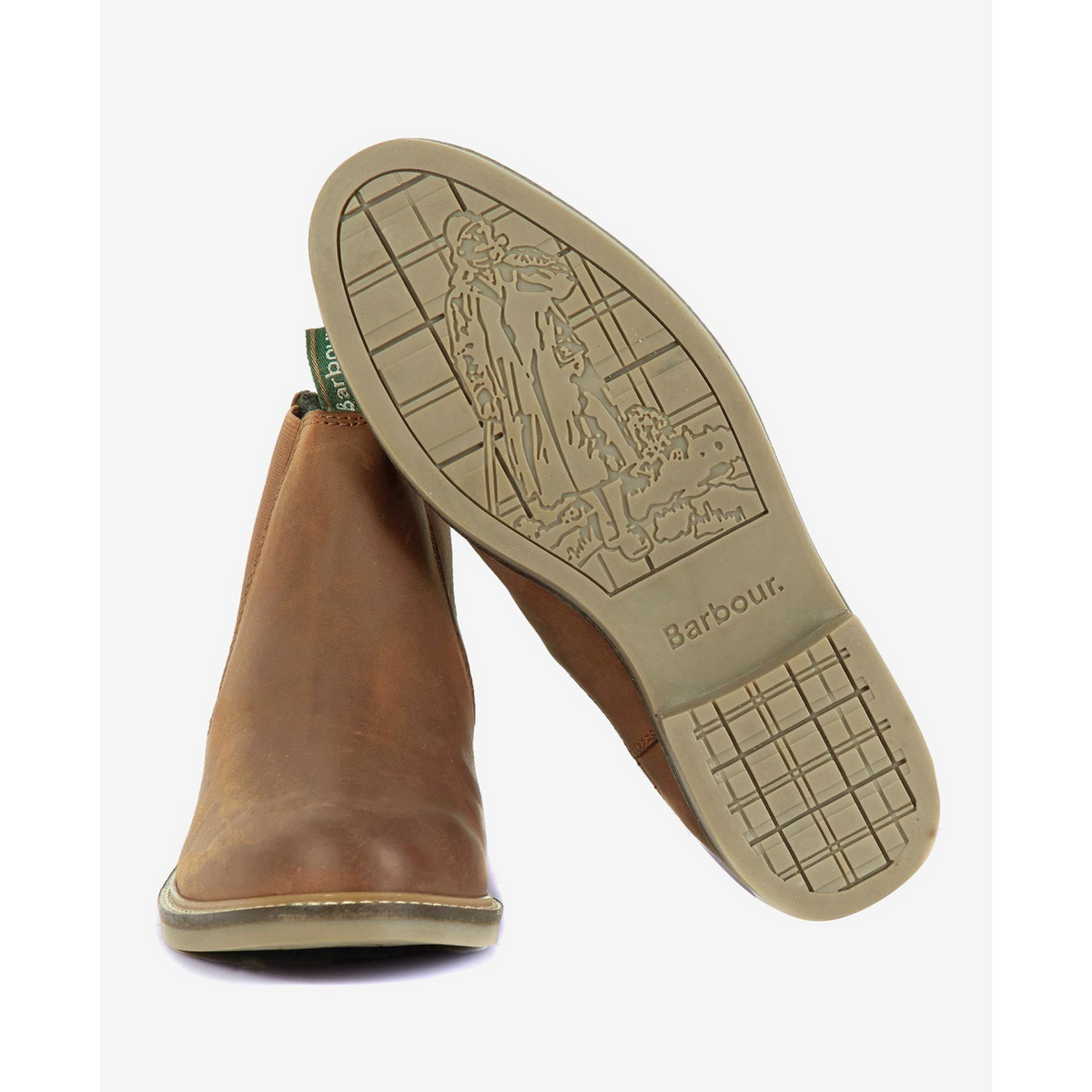 Lähikuvassa Barbour Farsley Chelsea Boots kengät. Viimeistellyn ilmeen antaa pohjassa oleva Barbour Walking Man -kuviointi.