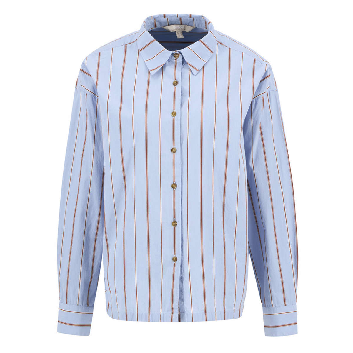 Kuvassa on rento ja klassinen raidallinen Barbour Saffron -kauluspaita.