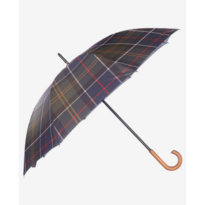 Kuvassa on Barbourin täyspitkä sateenvarjo jossa klassinen tartan -kuvio.