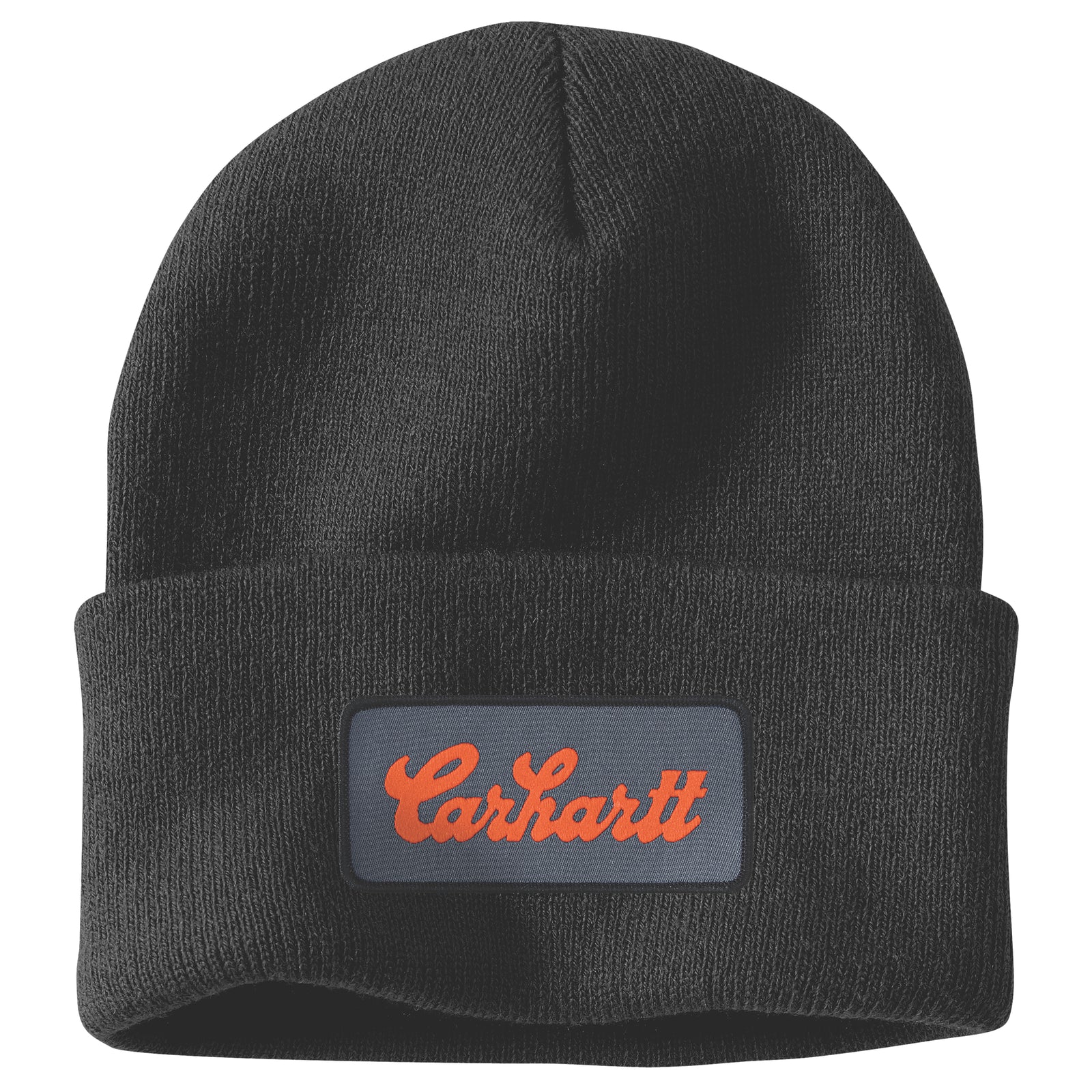 Kuvassa musta Carhartt neulepipo jossa käännettävä reuna ja punaharmaa Carhartt -logomerkki edessä.