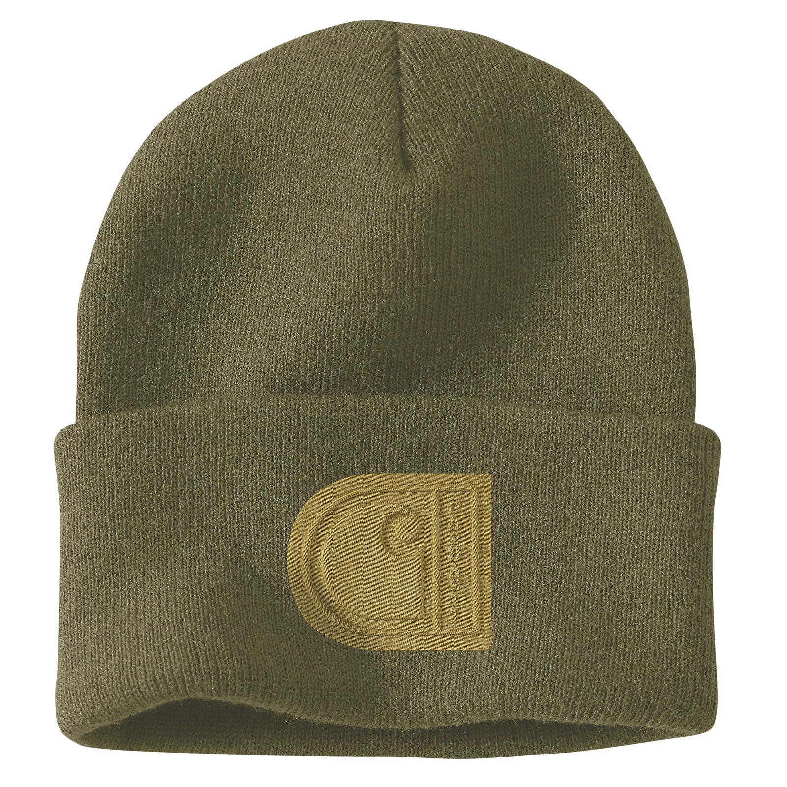 Kuvassa vihreä Carhartt Knit Cuffed Patch -pipo jossa edessä tyylikäs vaaleanvihreä logomerkki.