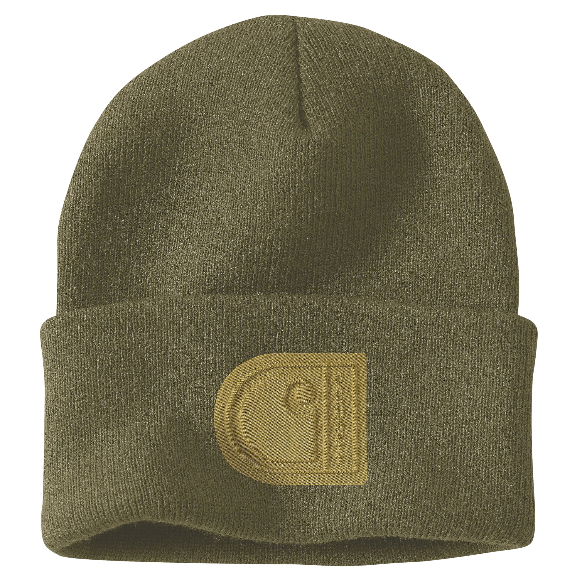 Kuvassa vihreä Carhartt Knit Cuffed Patch -pipo jossa edessä tyylikäs vaaleanvihreä logomerkki.