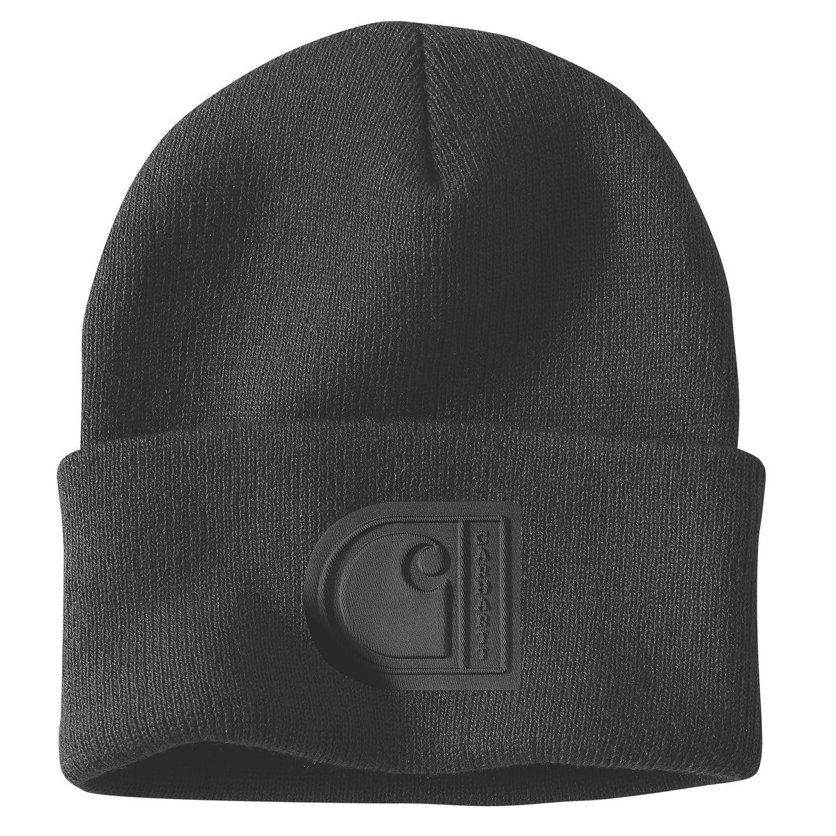 Kuvassa musta Carhartt Knit Cuffed Patch -pipo jossa edessä tyylikäs musta logomerkki.