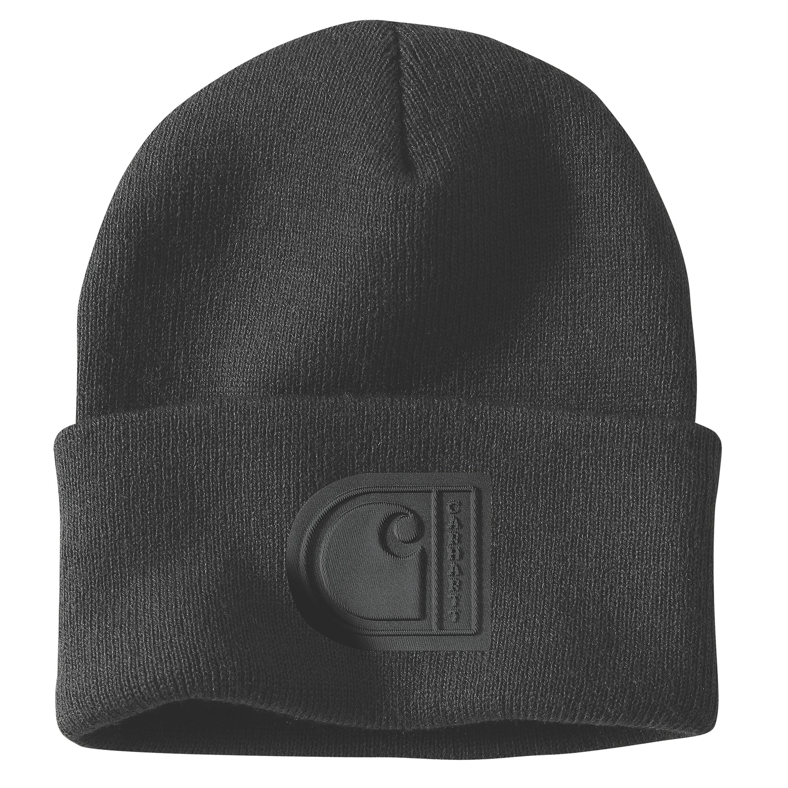 Kuvassa musta Carhartt Knit Cuffed Patch -pipo jossa edessä tyylikäs musta logomerkki.
