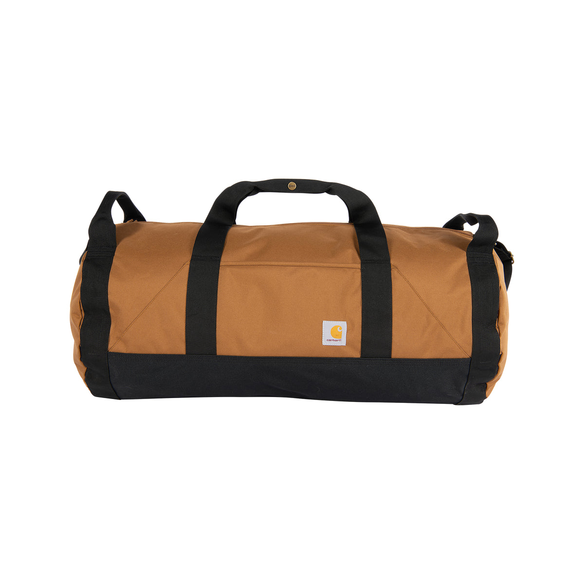 Kuvassa on Carhartt Classic Round Duffel laukku joka on väriltään ruskea ja siinä on pieni Carhartt logo. 