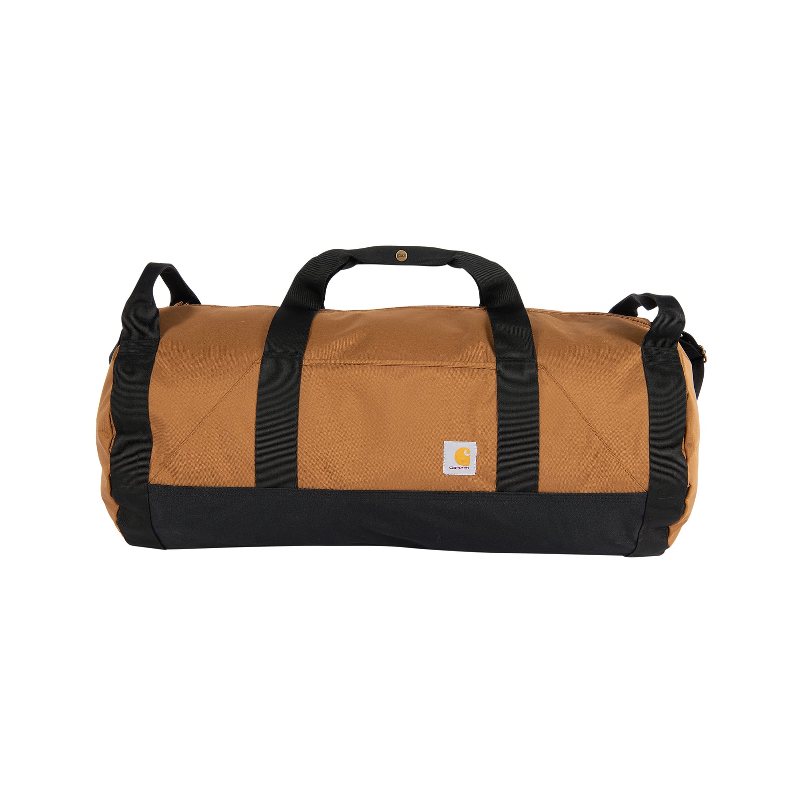 Kuvassa on Carhartt Classic Round Duffel laukku joka on väriltään ruskea ja siinä on pieni Carhartt logo. 
