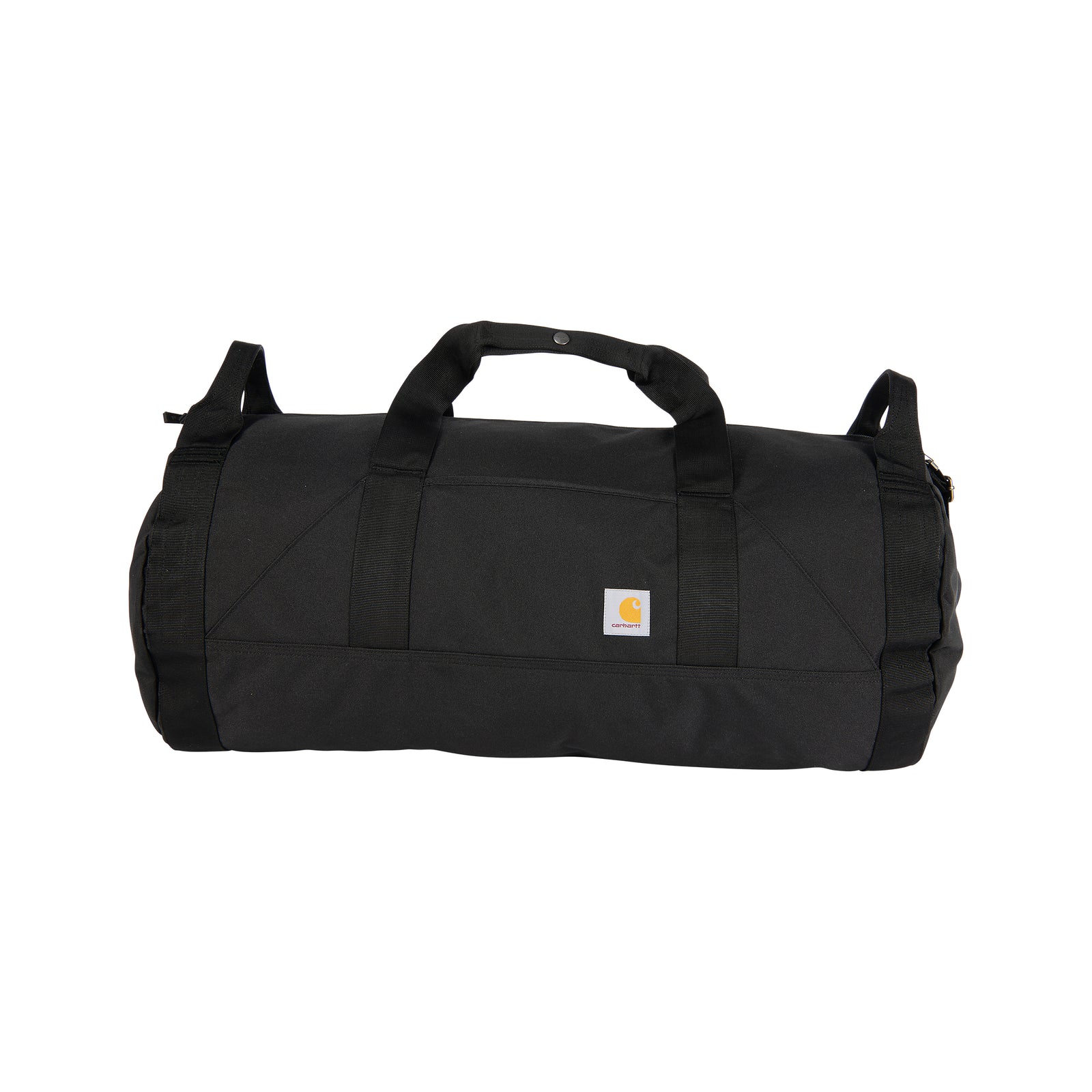 Kuvassa on Carhartt Classic Round Duffel laukku joka on väriltään musta ja siinä on pieni Carhartt logo. 
