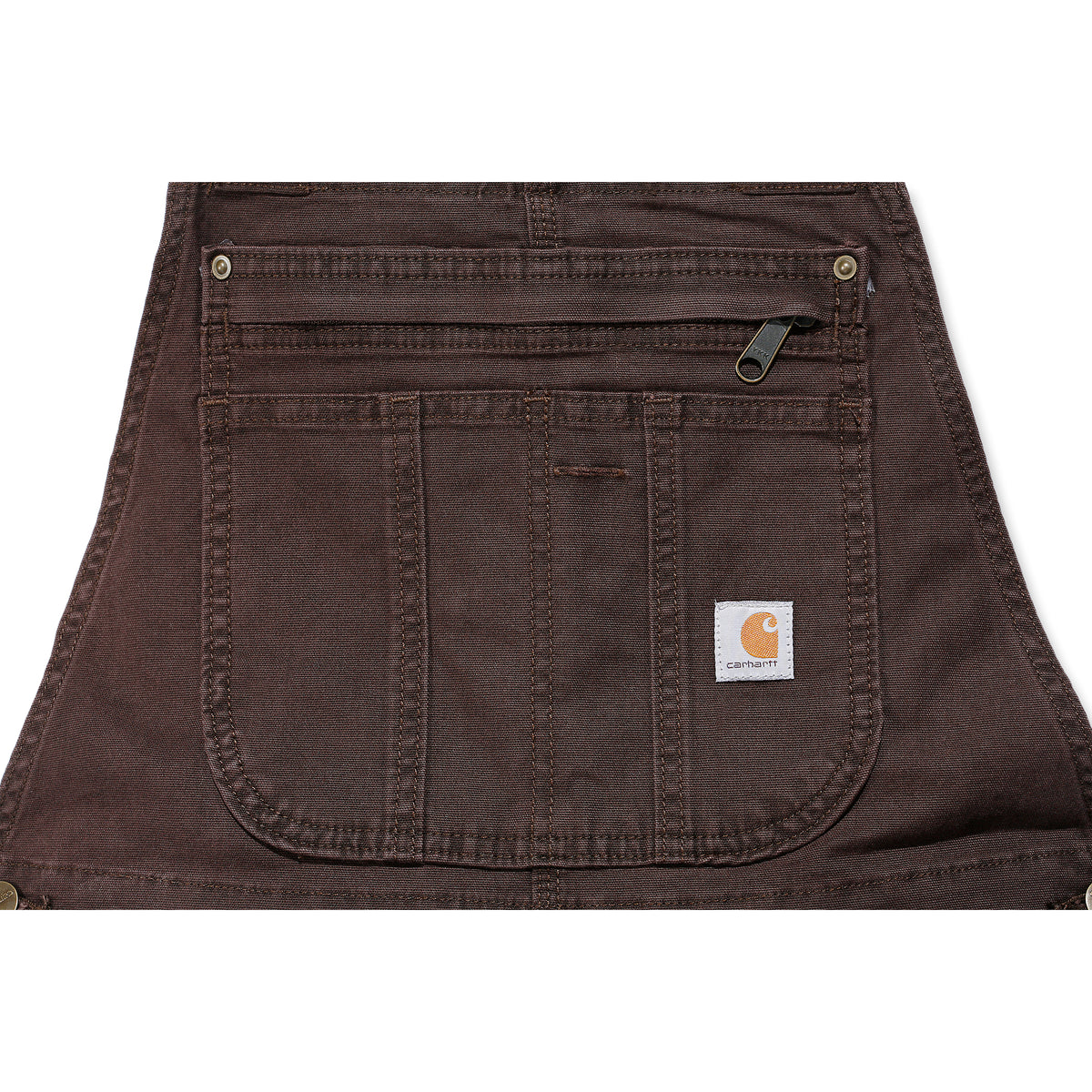 Kuvassa Carhartt Crawford naisten lappuhaalarin etutaskut. Taskun voi sulkea vetoketjulla. 