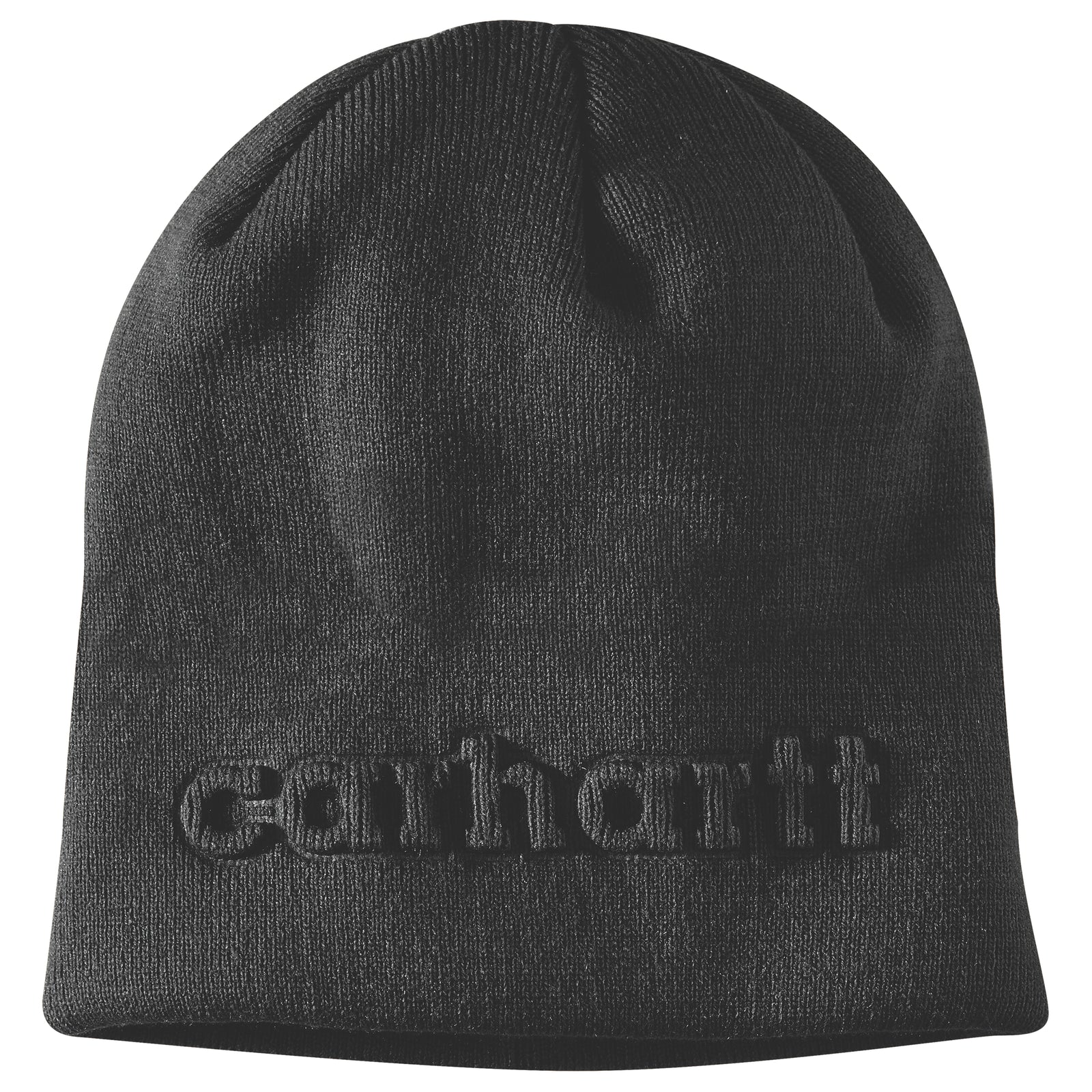 Kuvassa on Carharttin musta beanie-mallinen pipo johon on kohokuvioitu Carhartt -teksti.