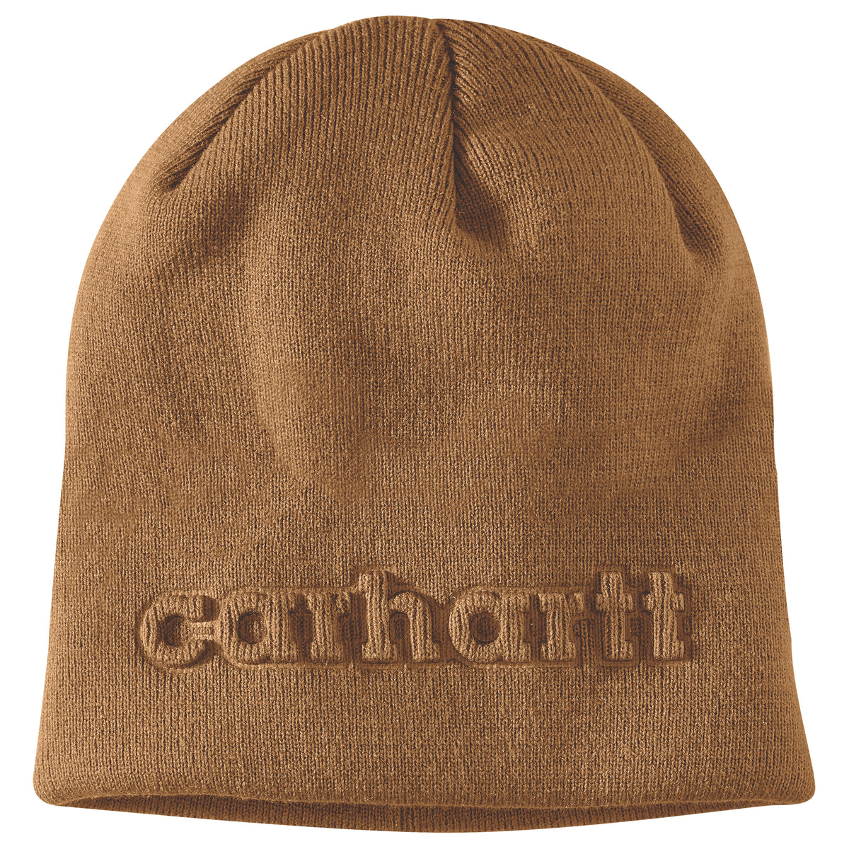 Kuvassa on ruskea Carhartt beanie -mallinen pipo johon kohokuvioitu Carhartt -teksti.