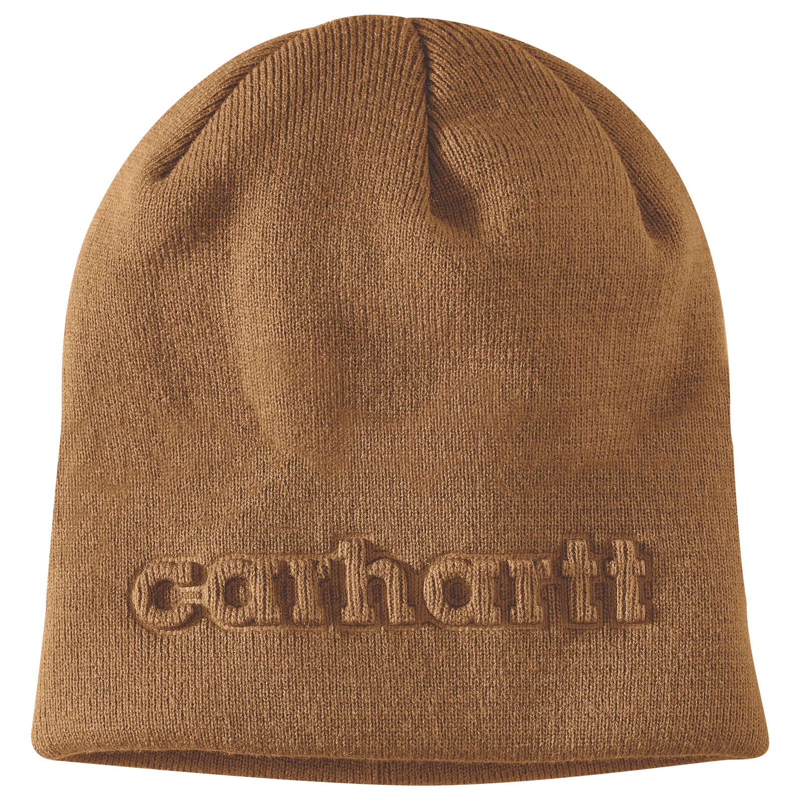 Kuvassa on ruskea Carhartt beanie -mallinen pipo johon kohokuvioitu Carhartt -teksti.