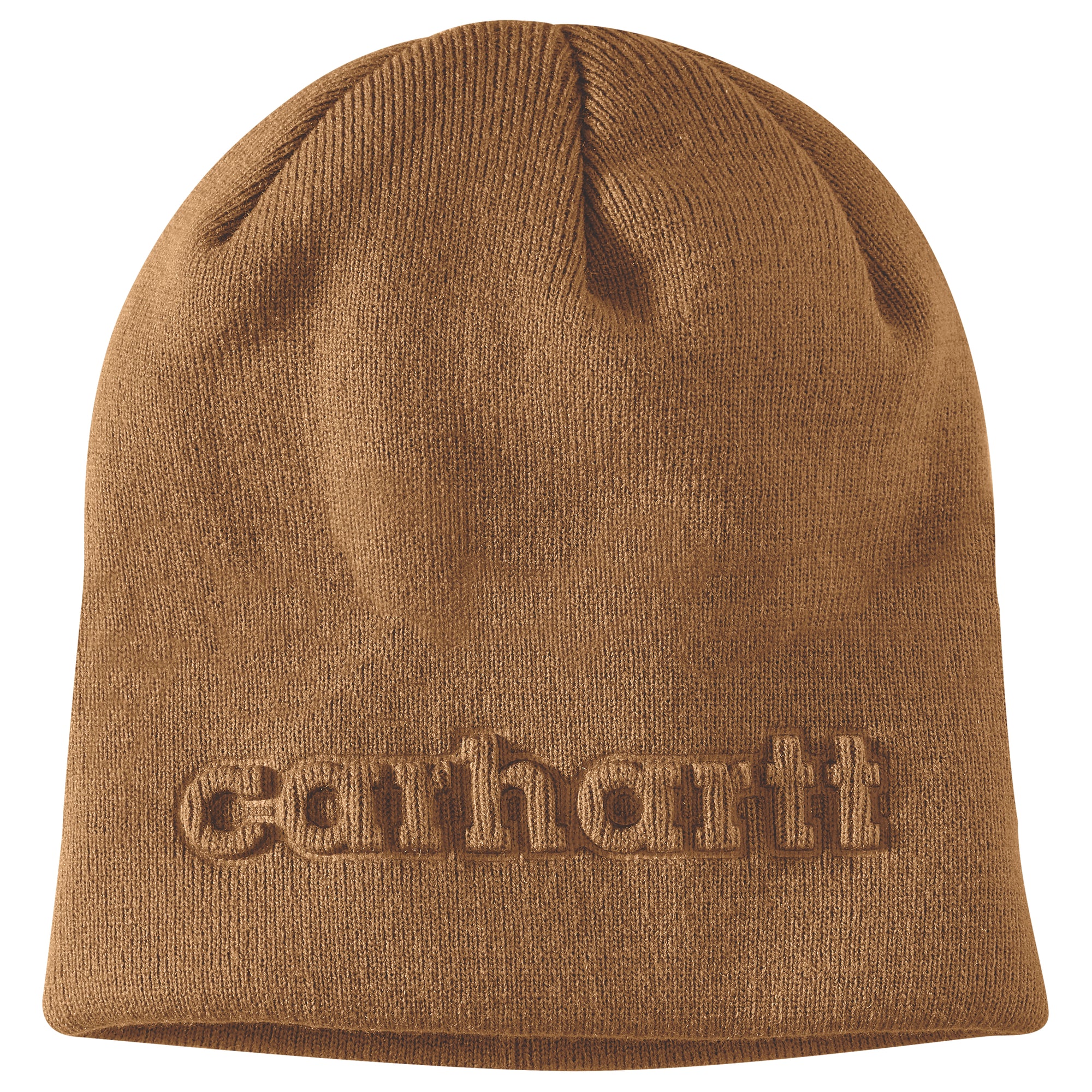 Kuvassa on ruskea Carhartt beanie -mallinen pipo johon kohokuvioitu Carhartt -teksti.